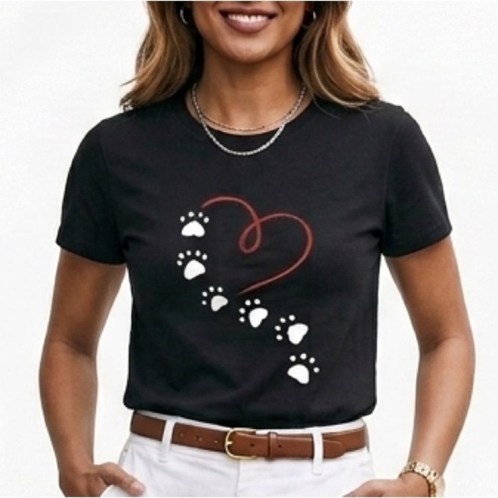 Black T-Shirt with Red Heart and Paw Prints Size Large